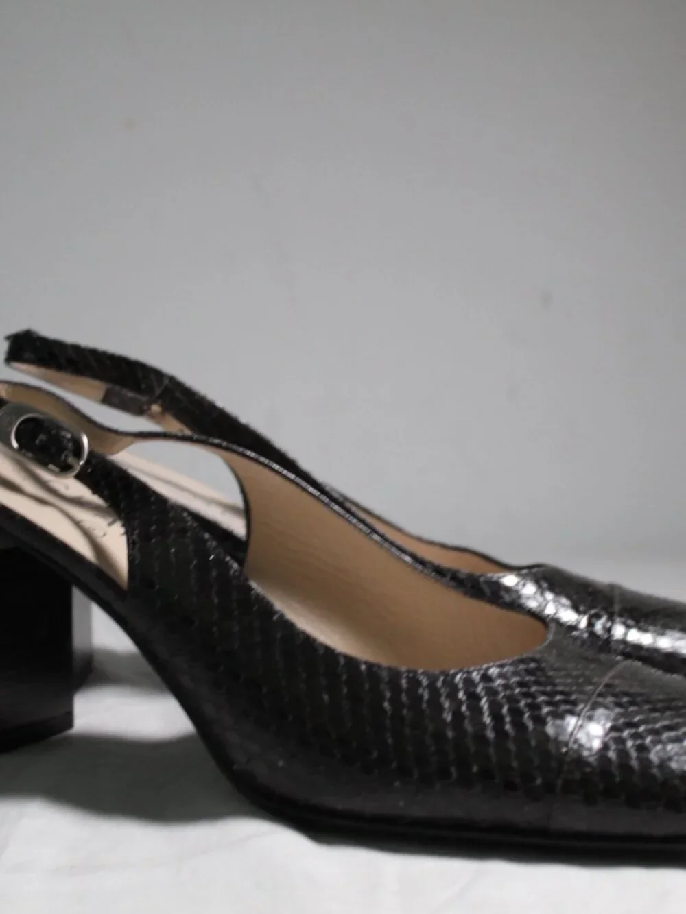 Chanel Vintage Snakeskin Print Cap Toe Slingback Heels Square Toe Pumps 40
